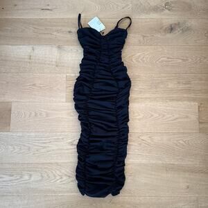 LEAU Midi Dress Bustier Mesh Shirred Storm Size XS Black